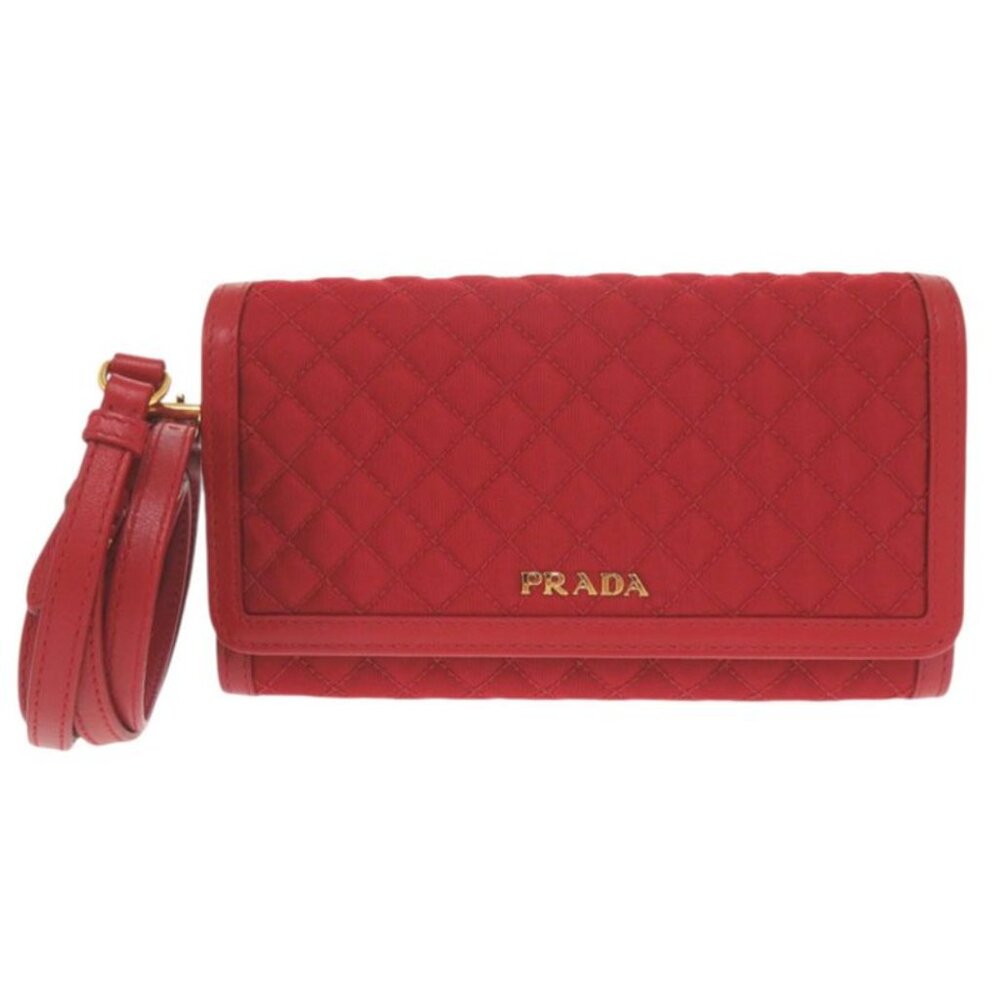 Prada 1 M1437 Nylon Leather Red Shoulder Wallet Long Wallet Red 1800 - Picture 1 of 8